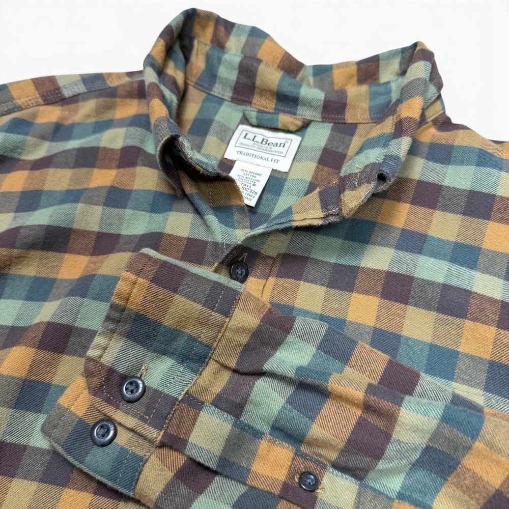 LL Bean Men's Traditional Fit Camo Plaid Checkered Button Down Shirt Size L Tall